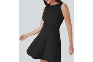 Bild von Halara Boat Neck Sleeveless Ruched Flowy Mini Casual Dress – Black – S Female