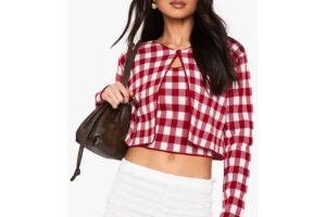 Bild von Boohoo Womens Gingham Button Neck Cardigan And Cami Top Set – Red – Size Medium